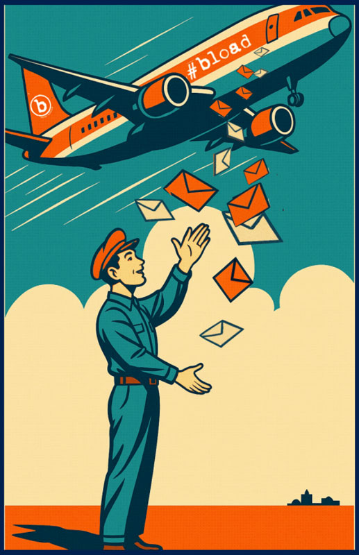 Retro cartoon of a BLOAD-branded airplane releasing envelopes midair as a mail carrier below reaches up to catch the falling letters.