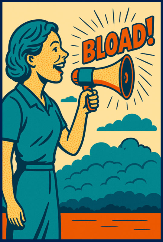 Retro cartoon illustration of a woman holding a megaphone and shouting ‘BLOAD!’ with radiating lines around the word.